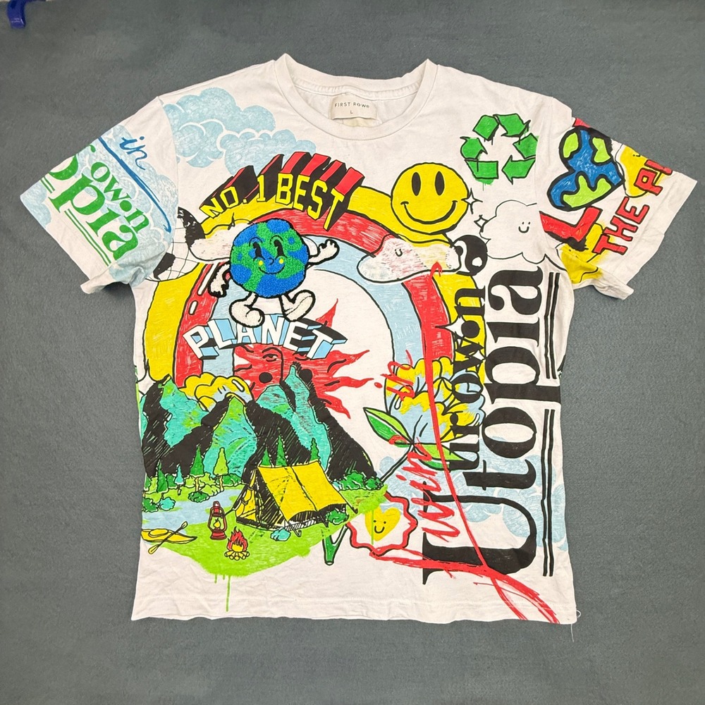 First Row T-Shirt Mens Large White Love The Planet Earth Graphic Chenille Patch